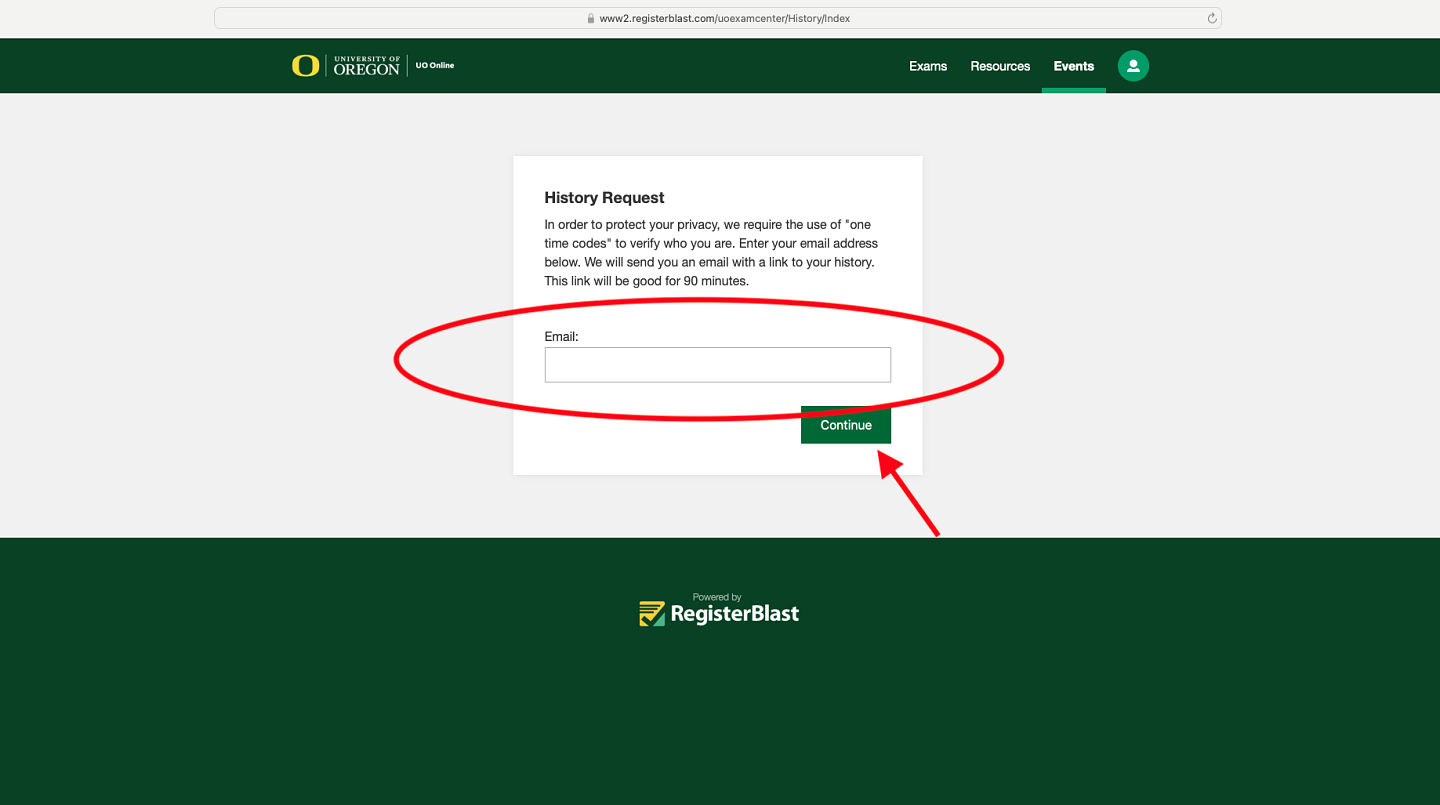 A bar for entering an email address in the center of the page, with the 'Continue' button to submit the email address underneath.