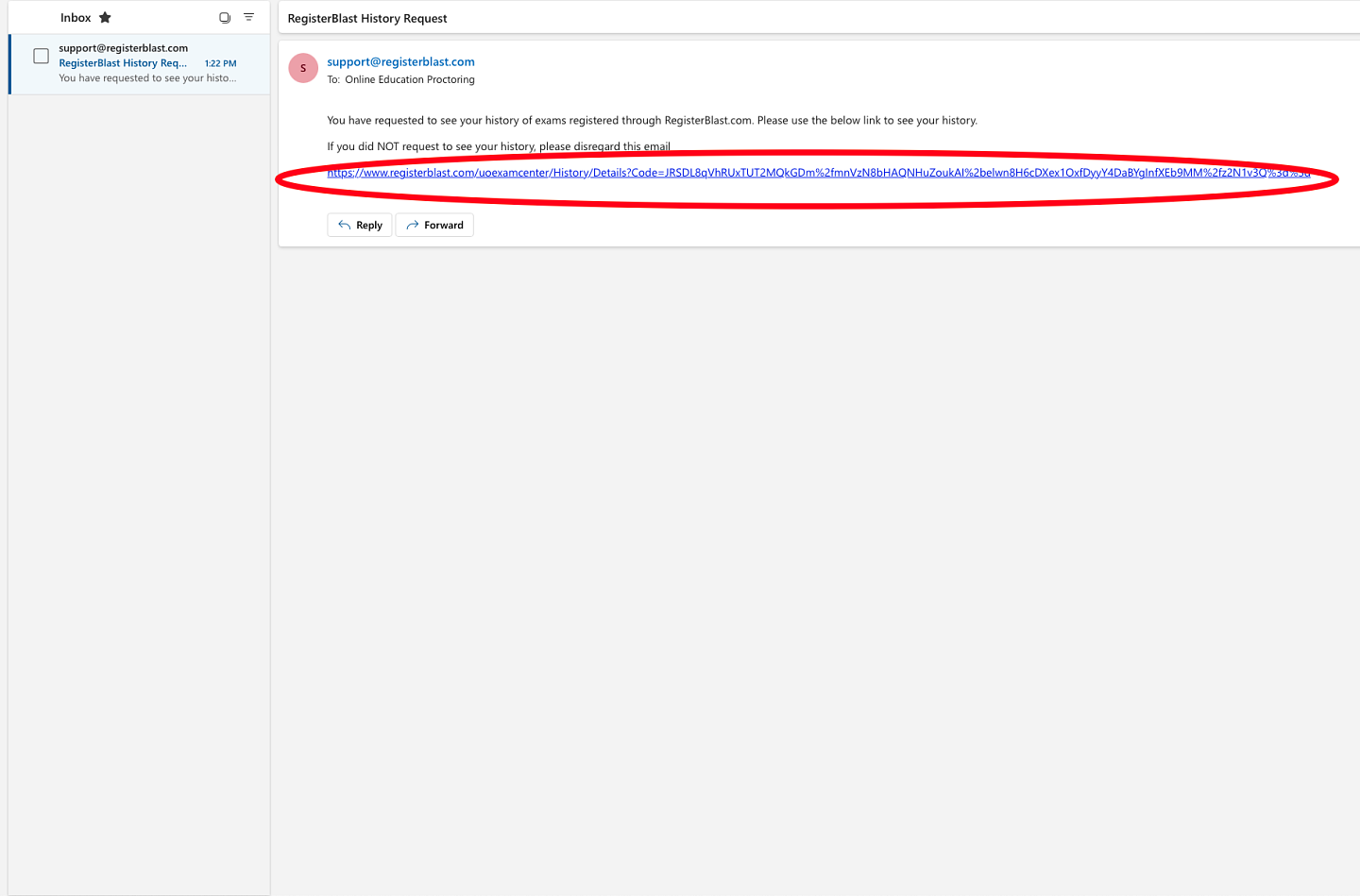 The email confirmation for a 'History Request', with the link to view exam history at the bottom of the email