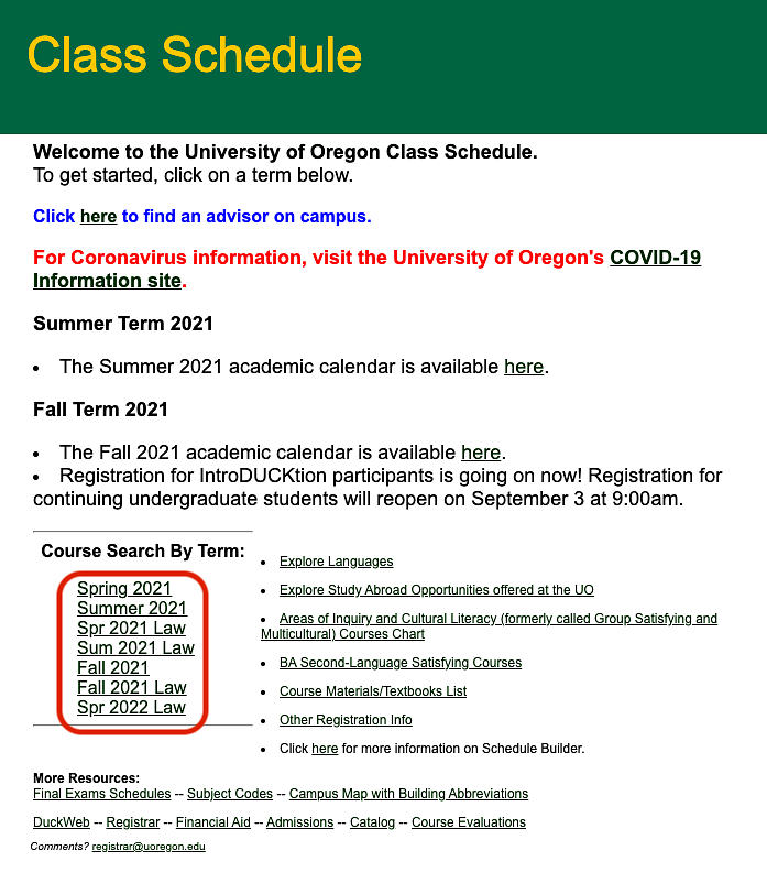 Course Schedule UO Online