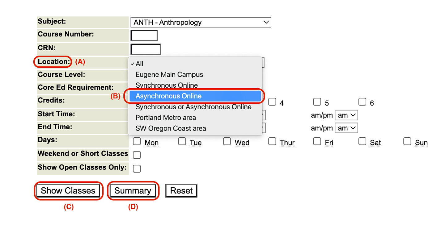 screenshot of search options for classes